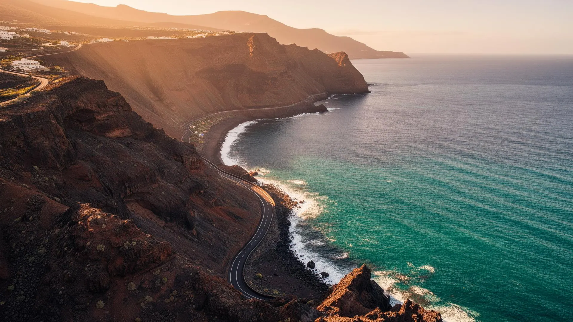Aerial view of Tenerife coastline at golden hour